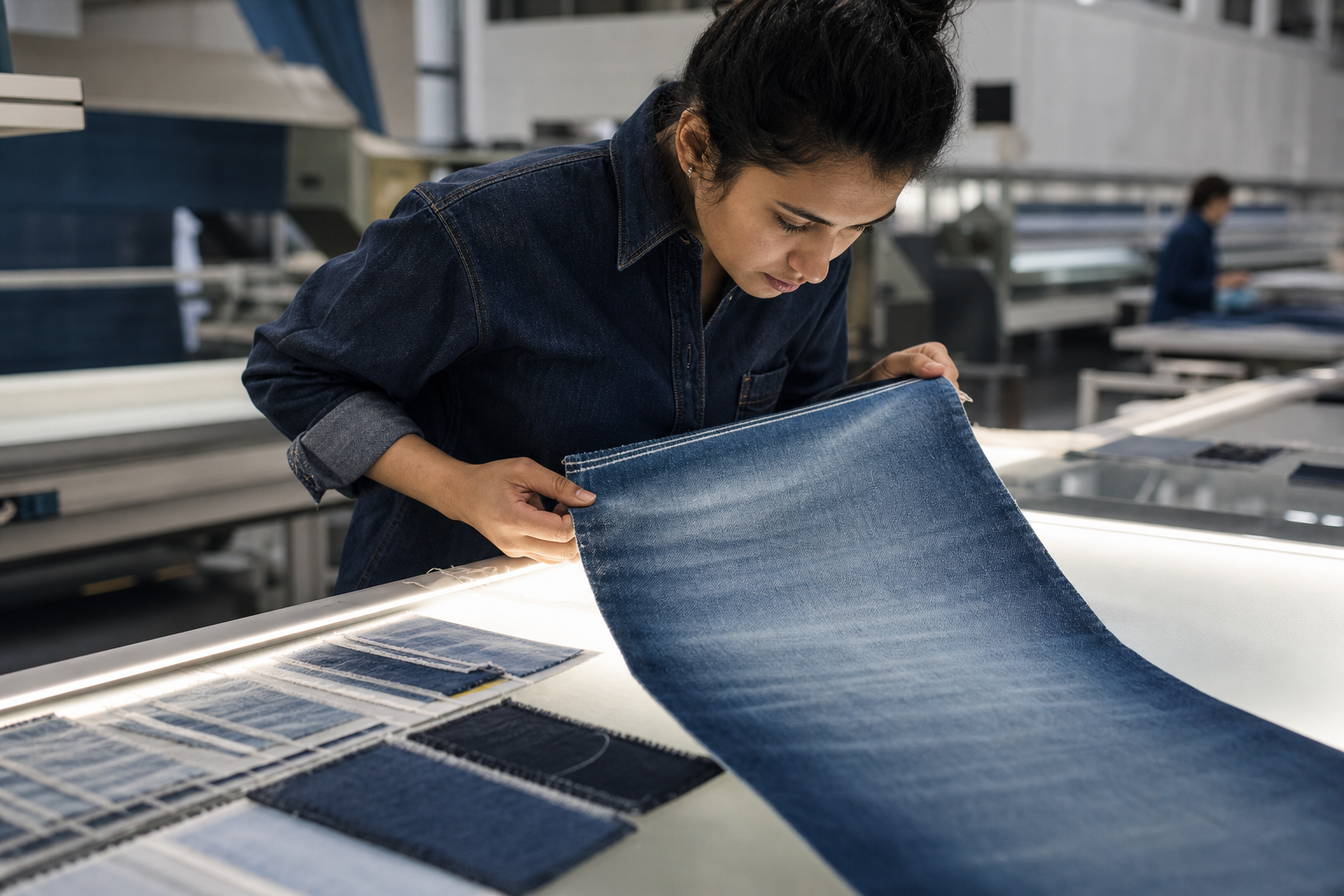 A textile engineer inspecting the color and surface of a washed denim panel