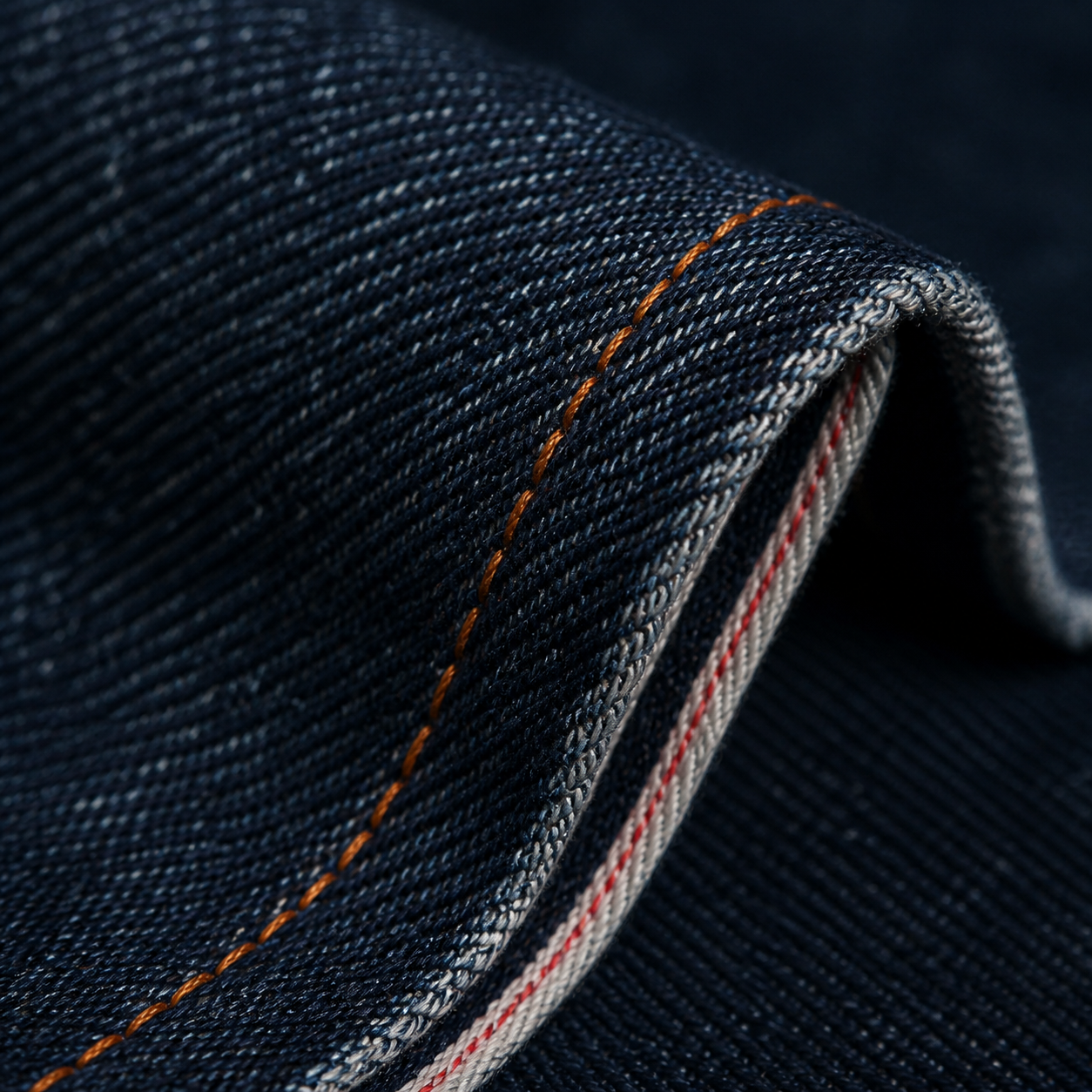 Macro view of raw selvedge denim with copper stitching