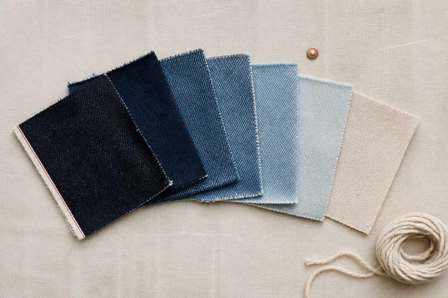 A fan of denim swatches ranging from raw indigo to washed ecru